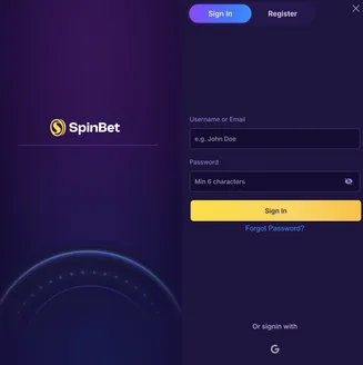 SpinBet login screen with email and password fields, sign-in and registration options